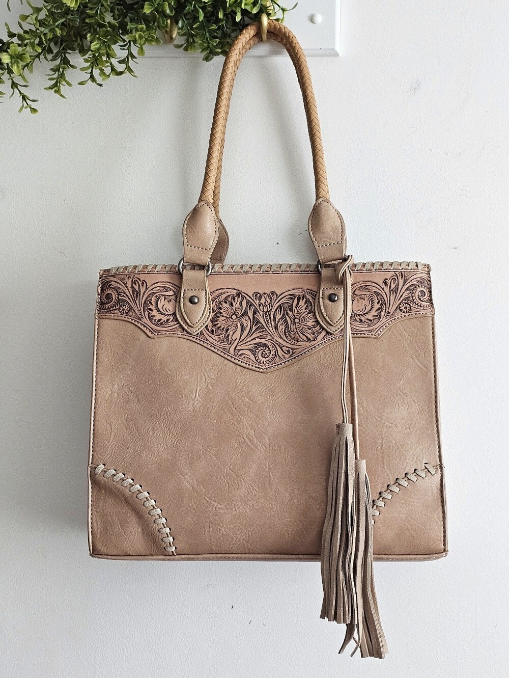 Montana West Tooled Western Tote Bag Blush Beige Braided Handle Fringe Purse
